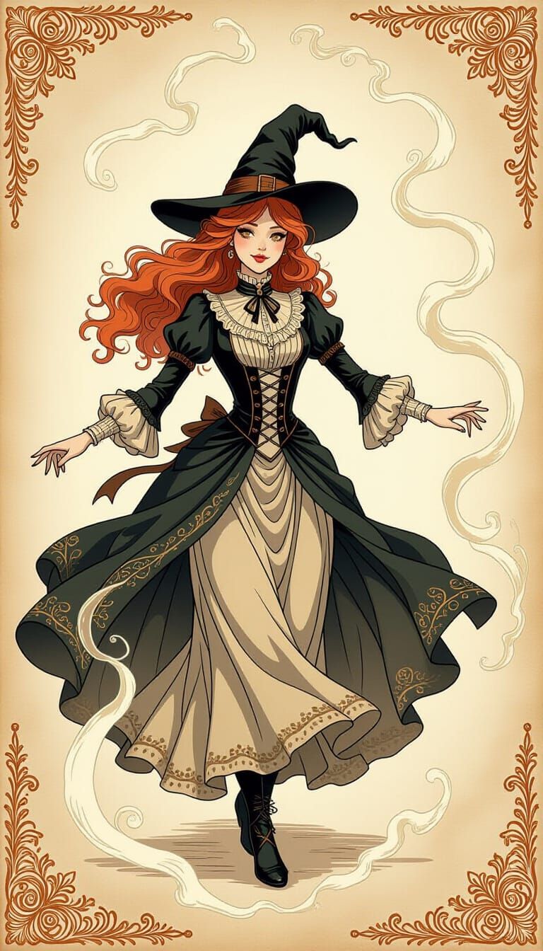 Victorian Cat-Girl Witch Dancing in Mystical Mist