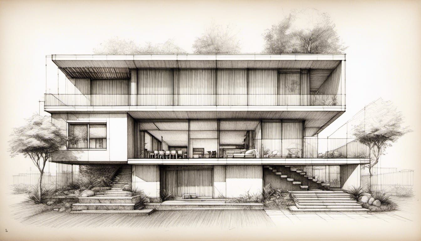 <lora:Pancil style:1.0> 2d orthographic projection elevation drawing of a modern house..