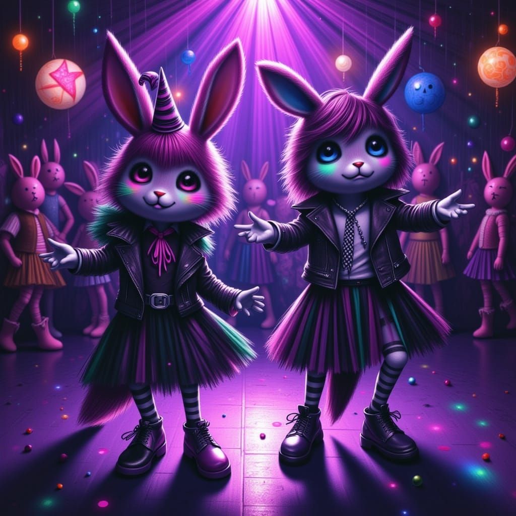 <lora:Draw Like A Kid:1.0> <lora:Crayon Doodles 2:1.0> <lora:Alternative Bunny:1.0> Cute Punk goth anthropomorphic bunni...