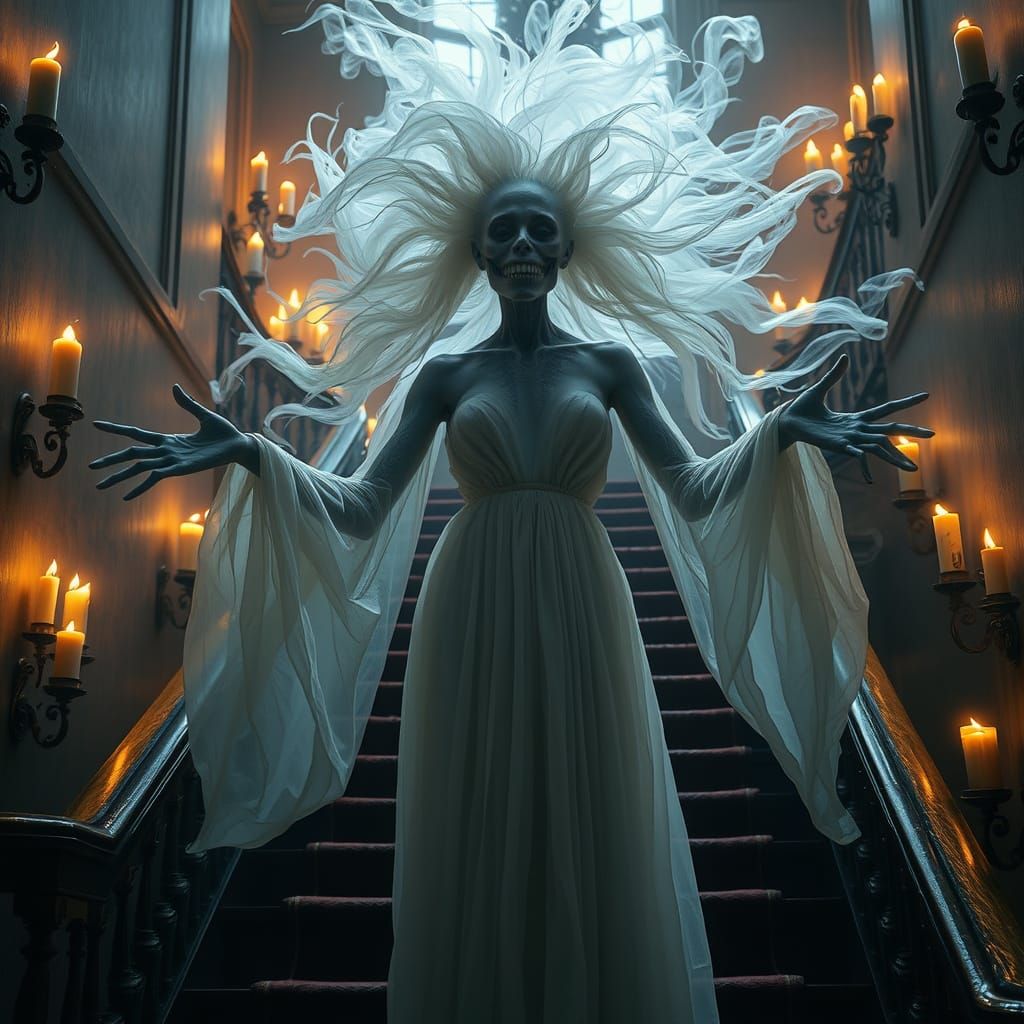 Ethereal Haunted Mansion Entity in Translucent, Ancient Form