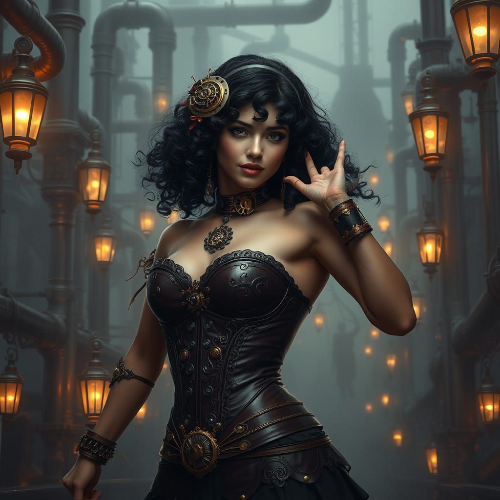 Steampunk Siren in Victorian-Era Cityscape with Industrial F...