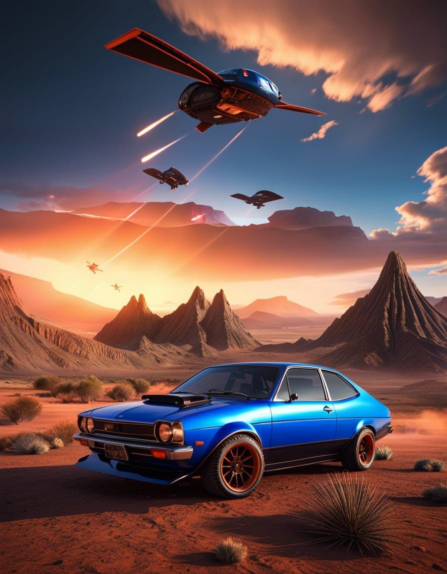 Toyota Corolla in Volcanic Desert with Alien Black-Hawks