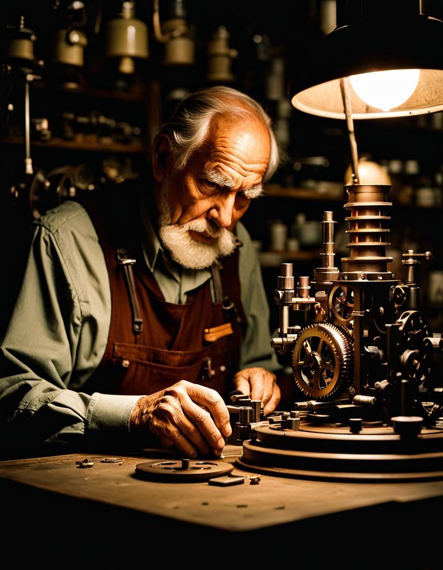 Photorealistic Watchmaker Inspecting Gears in Dim Workshop