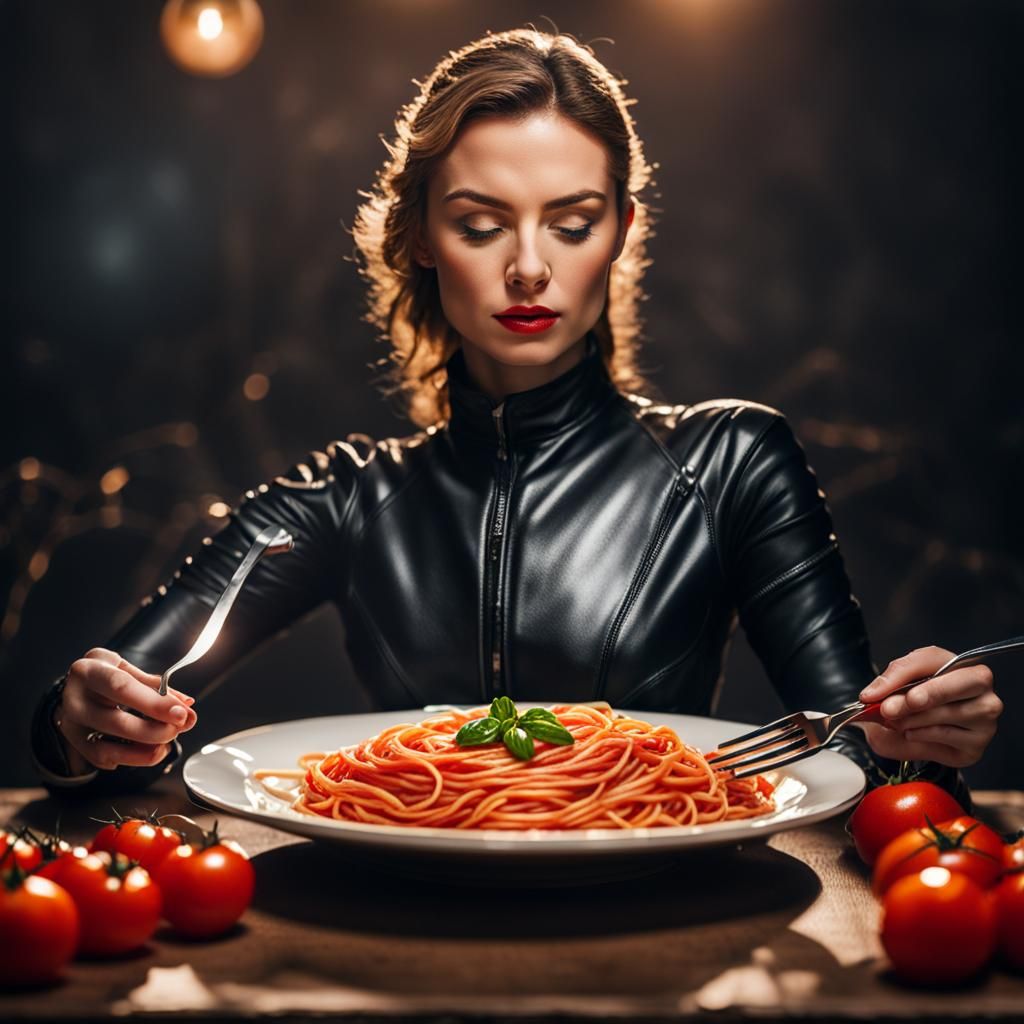Woman in Leather Catsuit Eating Spaghetti, Professional Phot...