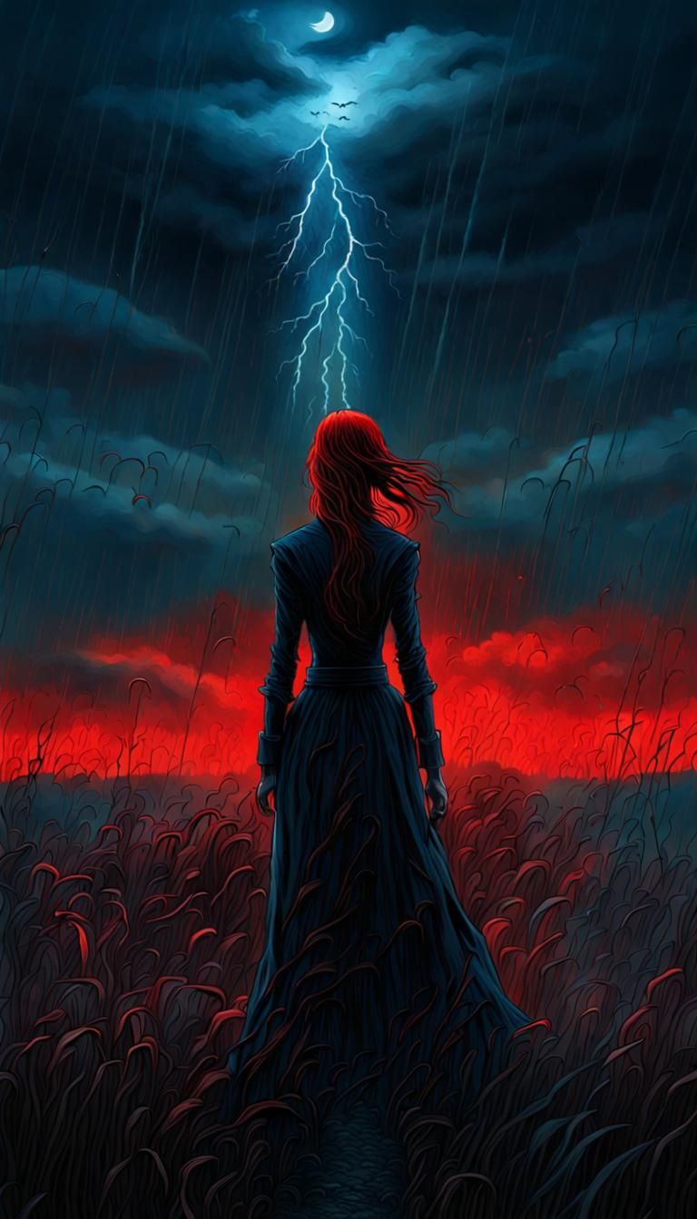 Eerie Gothic Horror: Woman in Red Glow