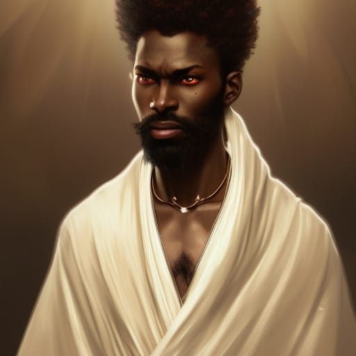 dark brown skin Messiah with white afro and beard long white robe and two edged sword red eyes head and shoulders portra...