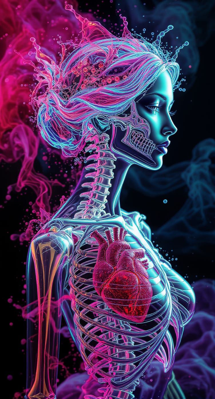 Glass Woman Statue with Ruby Heart, Hyperrealistic Art