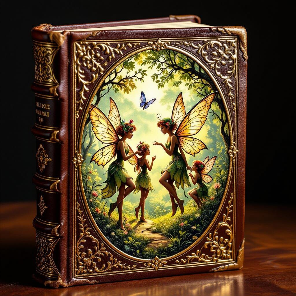 Fairies Adorn Leather Book with Golden Filigree