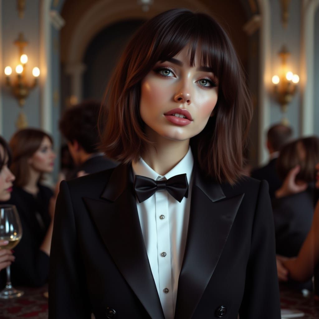 Woman in Tuxedo Tilts Head Sideways