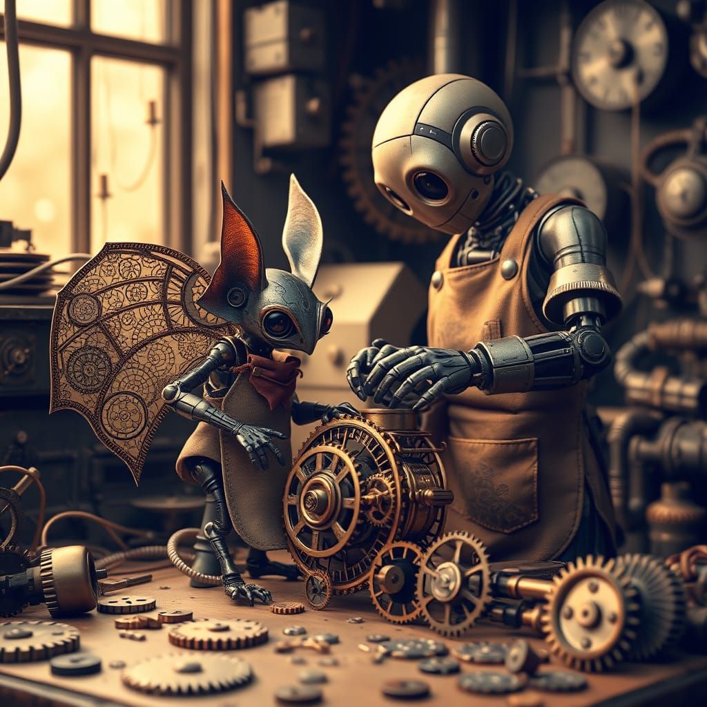 Whimsical Clockwork Robot Repair Scene in Golden Light
