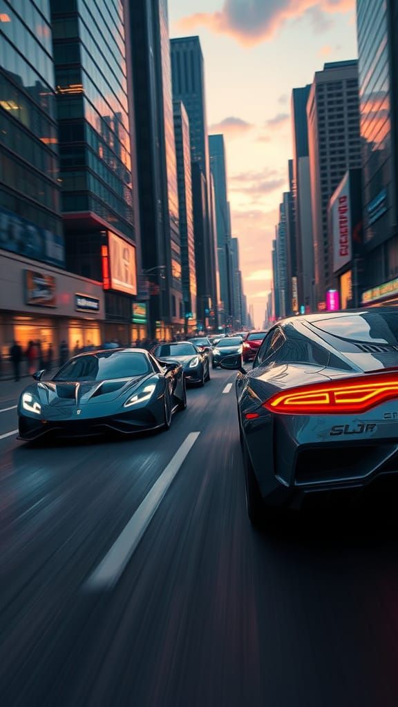 High-Speed Luxury Cars and Super Bikes in Futuristic Citysca...