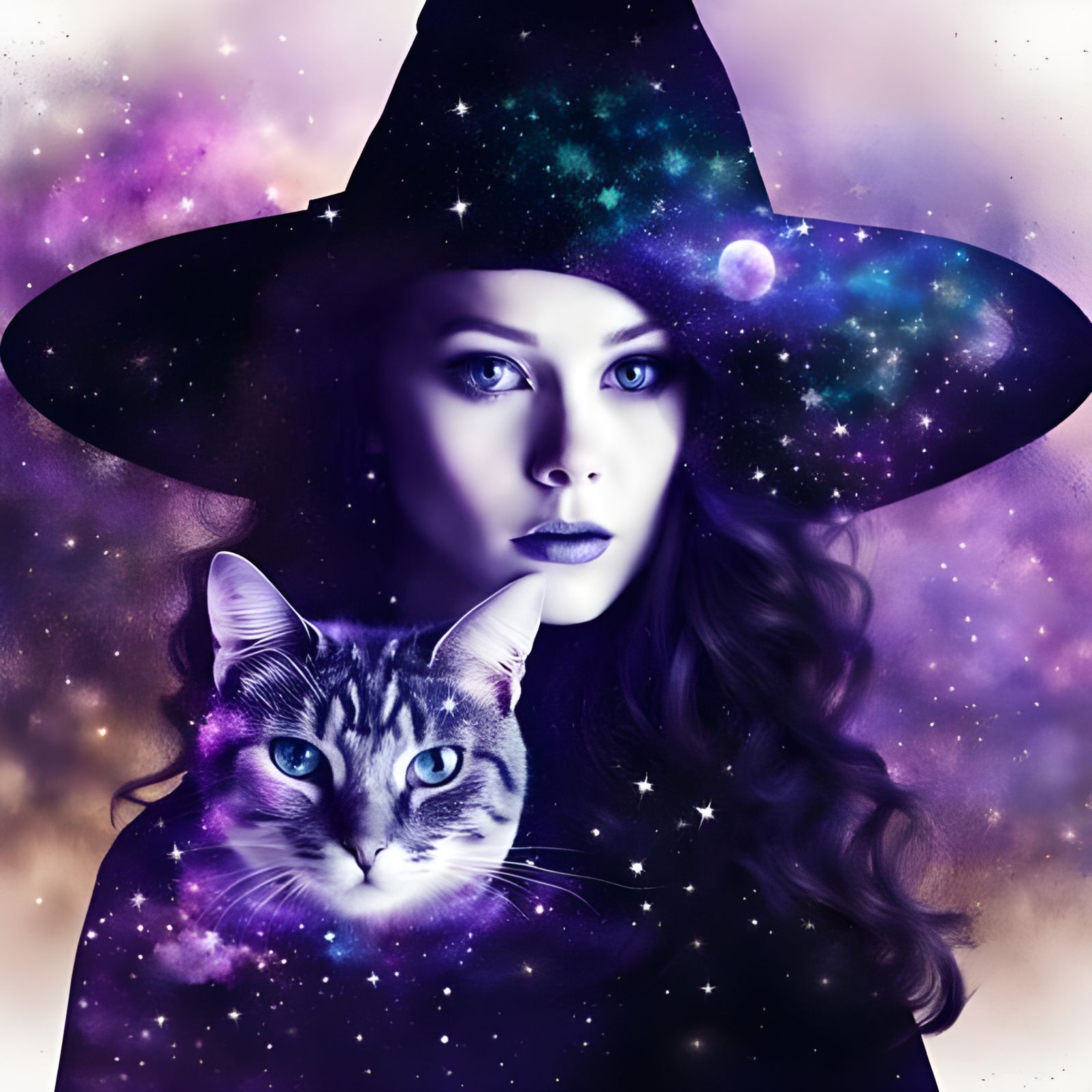 Witch and Cat Galaxy Double Exposure Splash Art