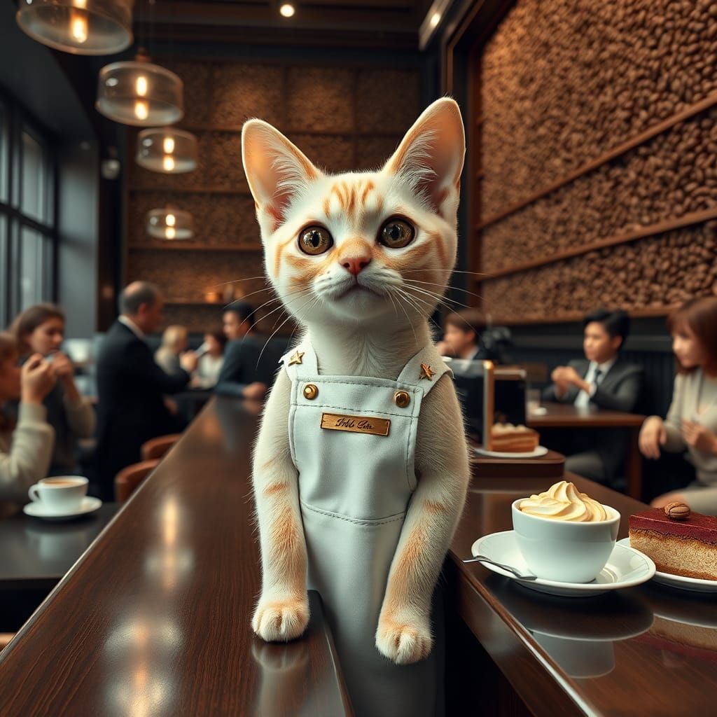 Elegant Cream Cat Barista in Upscale Coffee Shop