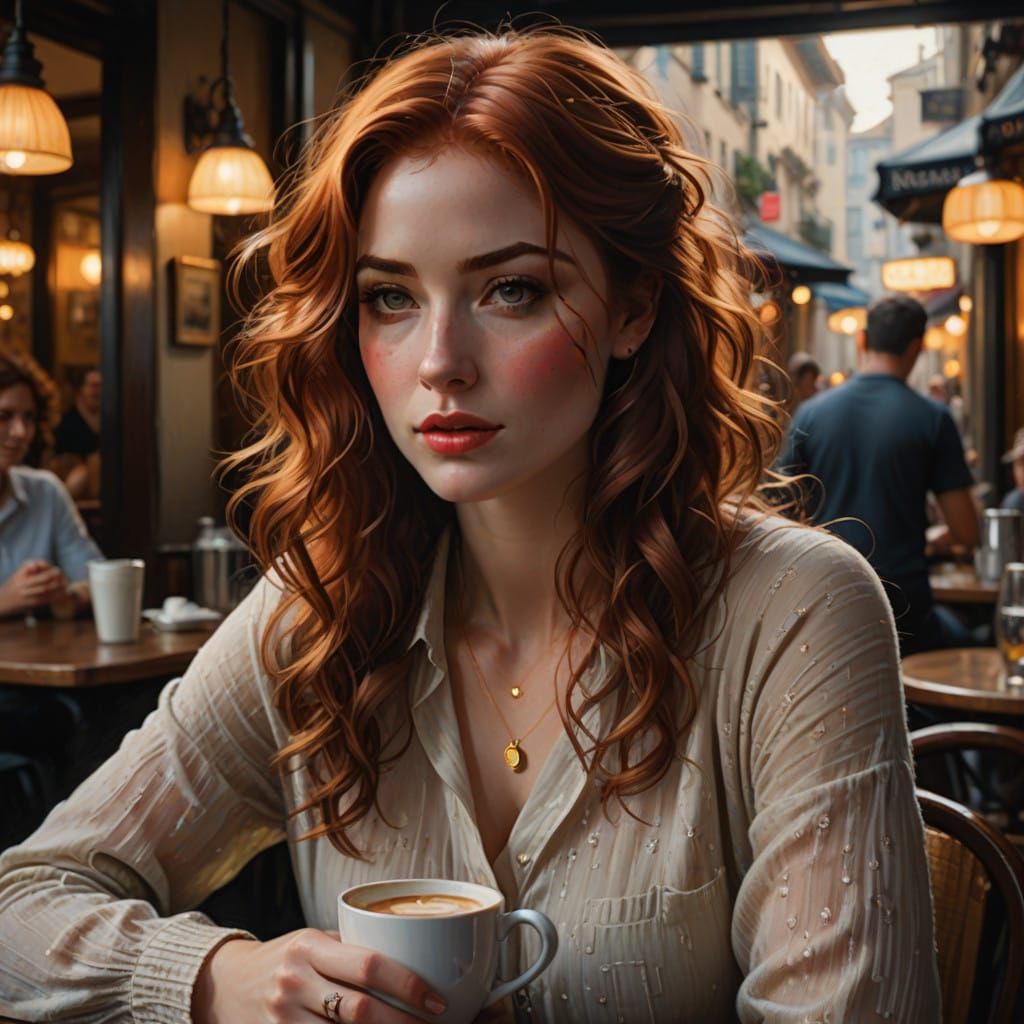 Curly Red-Haired Woman Sips Coffee in Idyllic Café