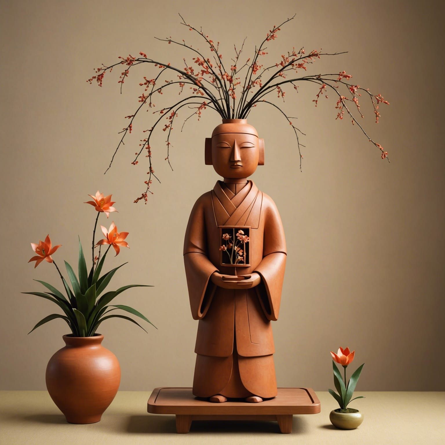 Haniwa Figure with Ikebana Floral Display