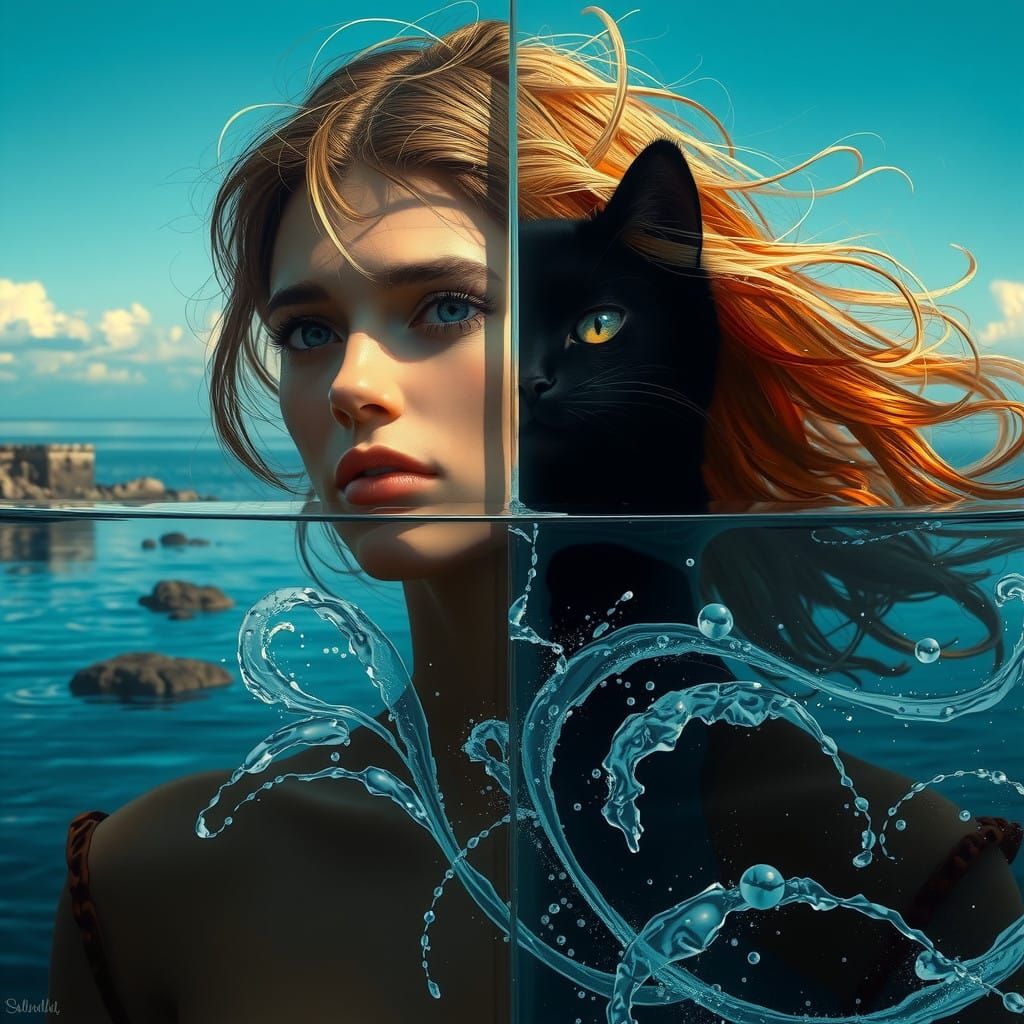 Ethereal Cat Silhouette in a Sea of Dark Reflections