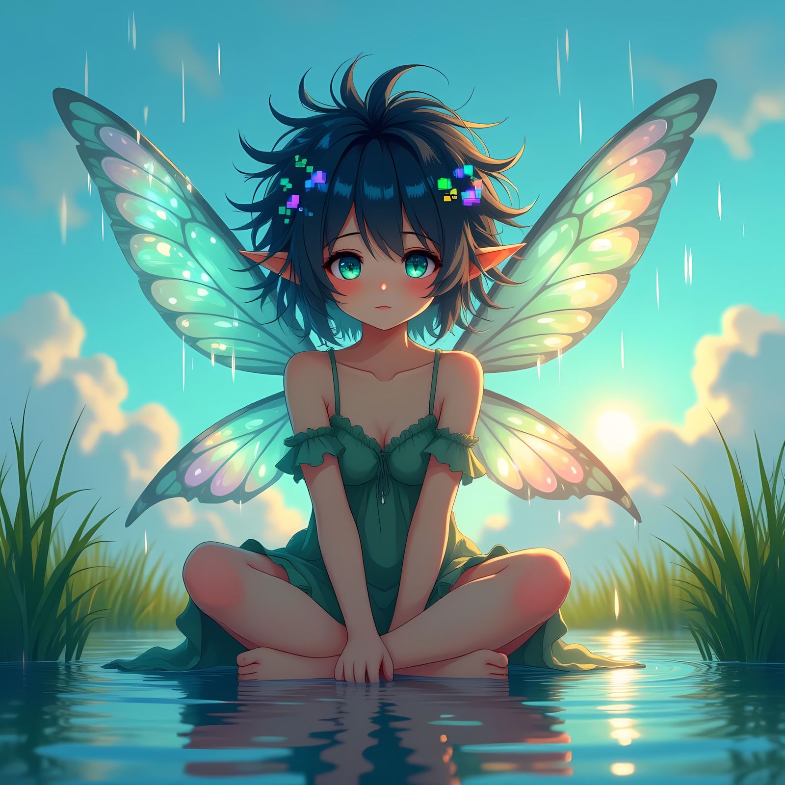 Anime Fairy with Glitched Pixels and Neon Sky