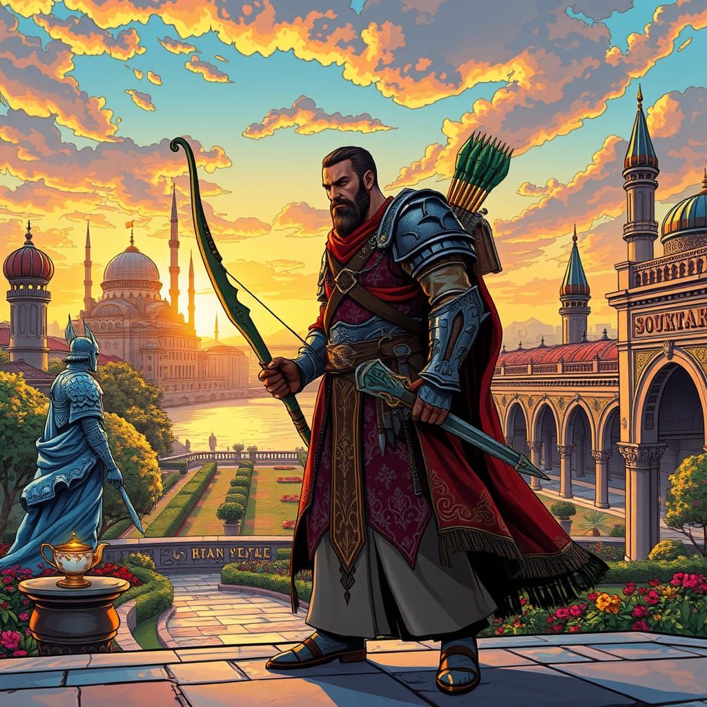 Hunter and Lich King in Ottoman Garden, Comic Style