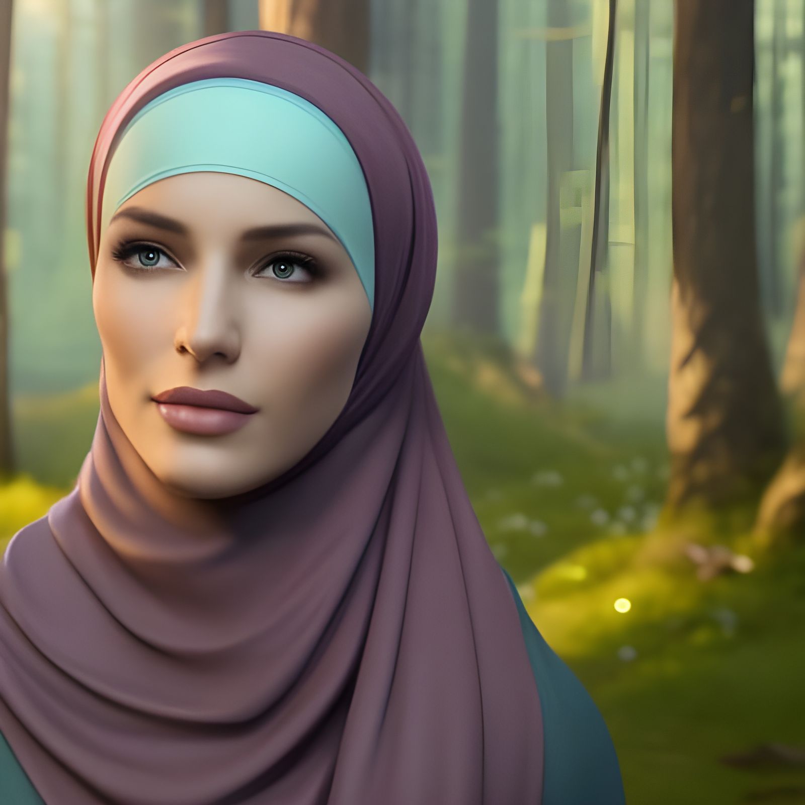 German Woman with Hijab in Forest, Detailed Painting