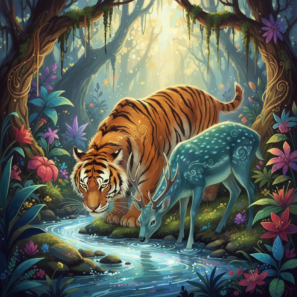 Tiger and Deer Drink Together in Dreamy Illustration