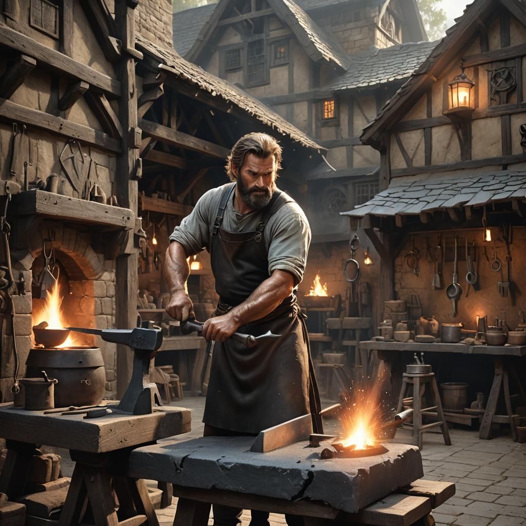 Medieval Blacksmith Shop at Sunset: Matte Painting