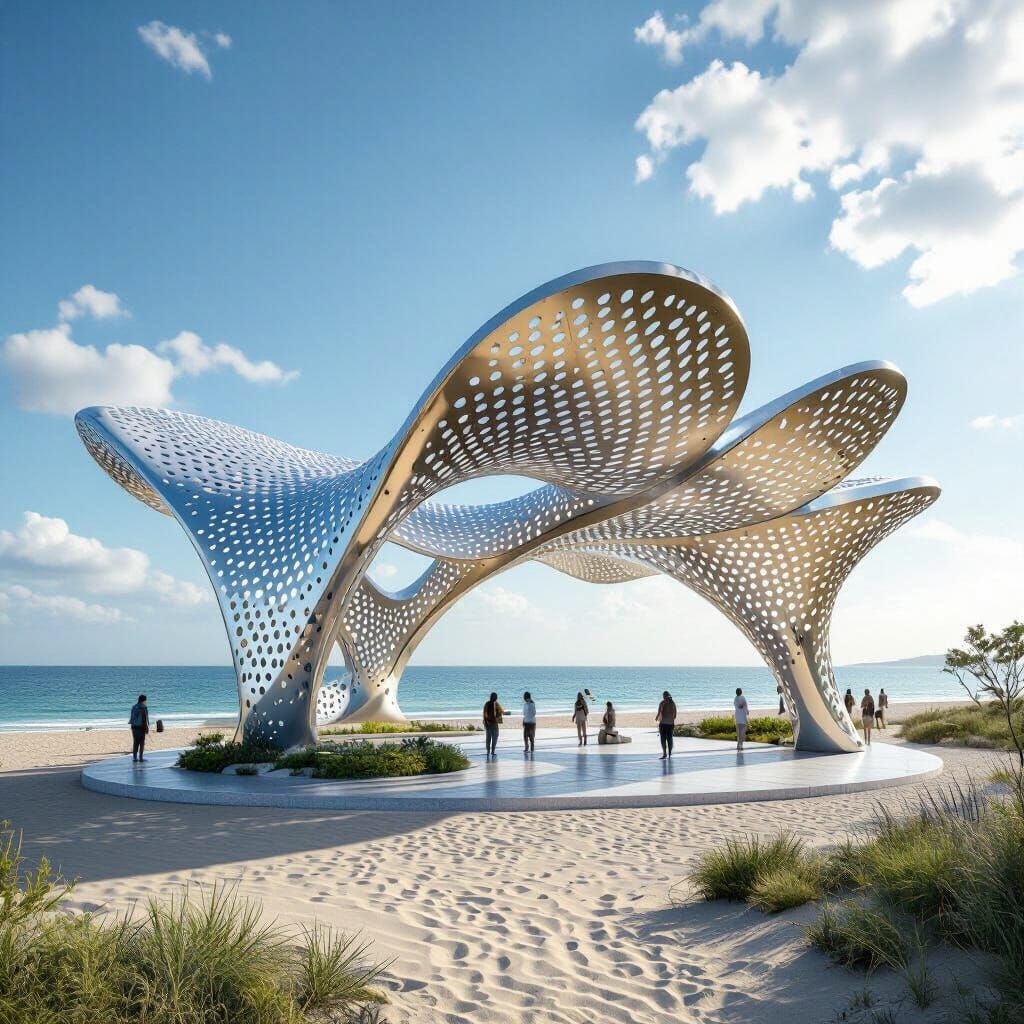 Futuristic Steel Petal Sculpture by the Sea