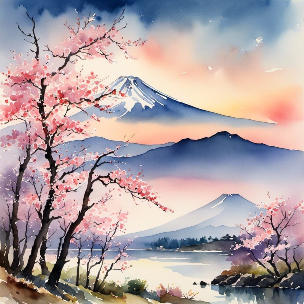 Peaceful Cherry Blossom Landscape in Watercolor
