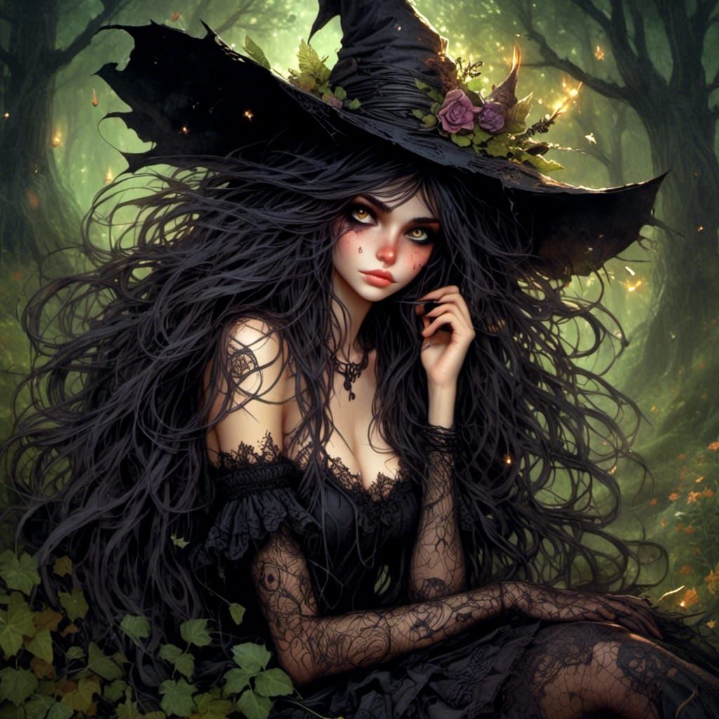 Beautiful Punky Witch in Garden Oil Illustration
