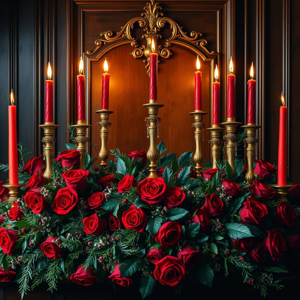 Sweeping Christmas Still Life with Golden Baroque Candles an...