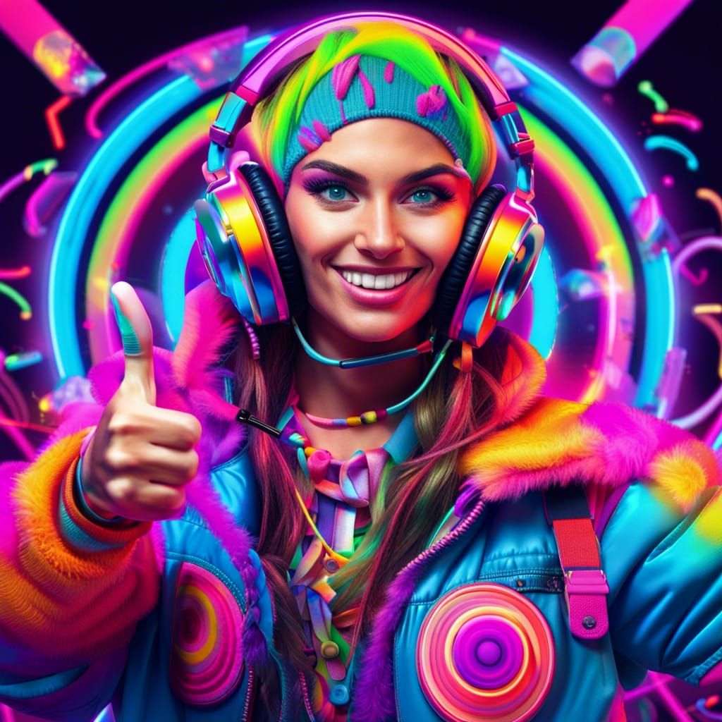 80's candy raver with headphones
