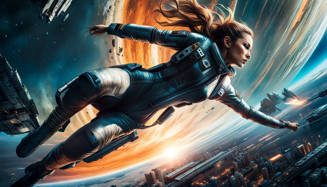 Woman Floats in Zero-G Spaceship: Digital Art