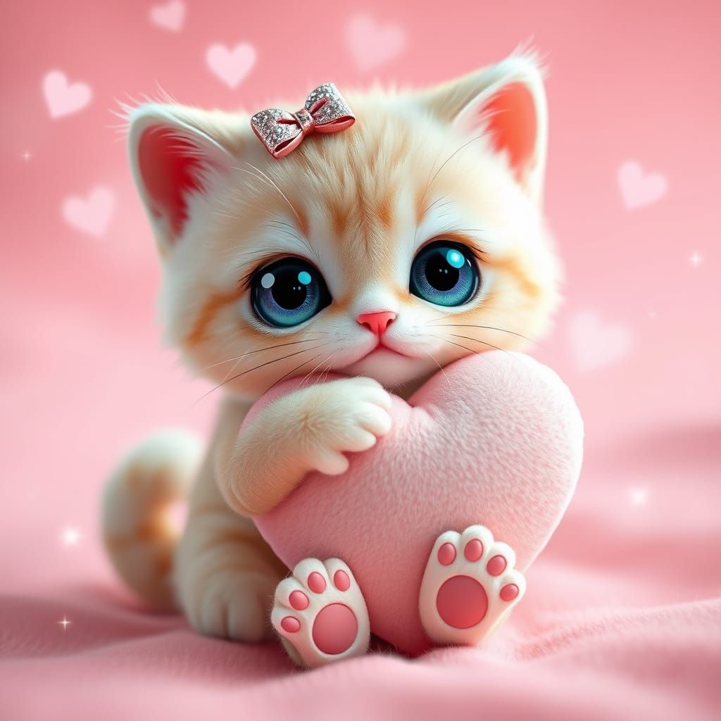 Kawaii Chibi Cat Hugs Heart-Shaped Pillow in Dreamy Pastel W...