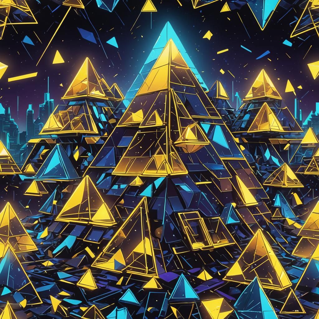 Neon Prismatic Pyramid: 80s Rock Band Artwork