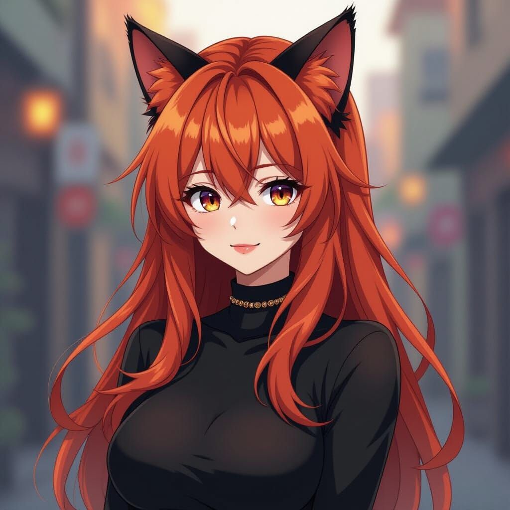Slender Nekomusume with Black Fur and Ginger Hair