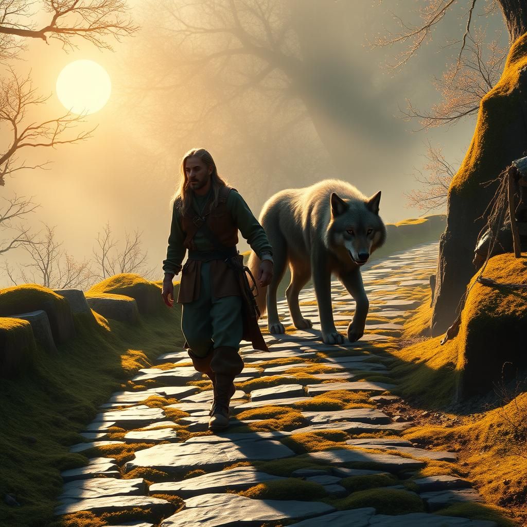 Hunter and Werewolf on Ancient Path, Fantasy Art