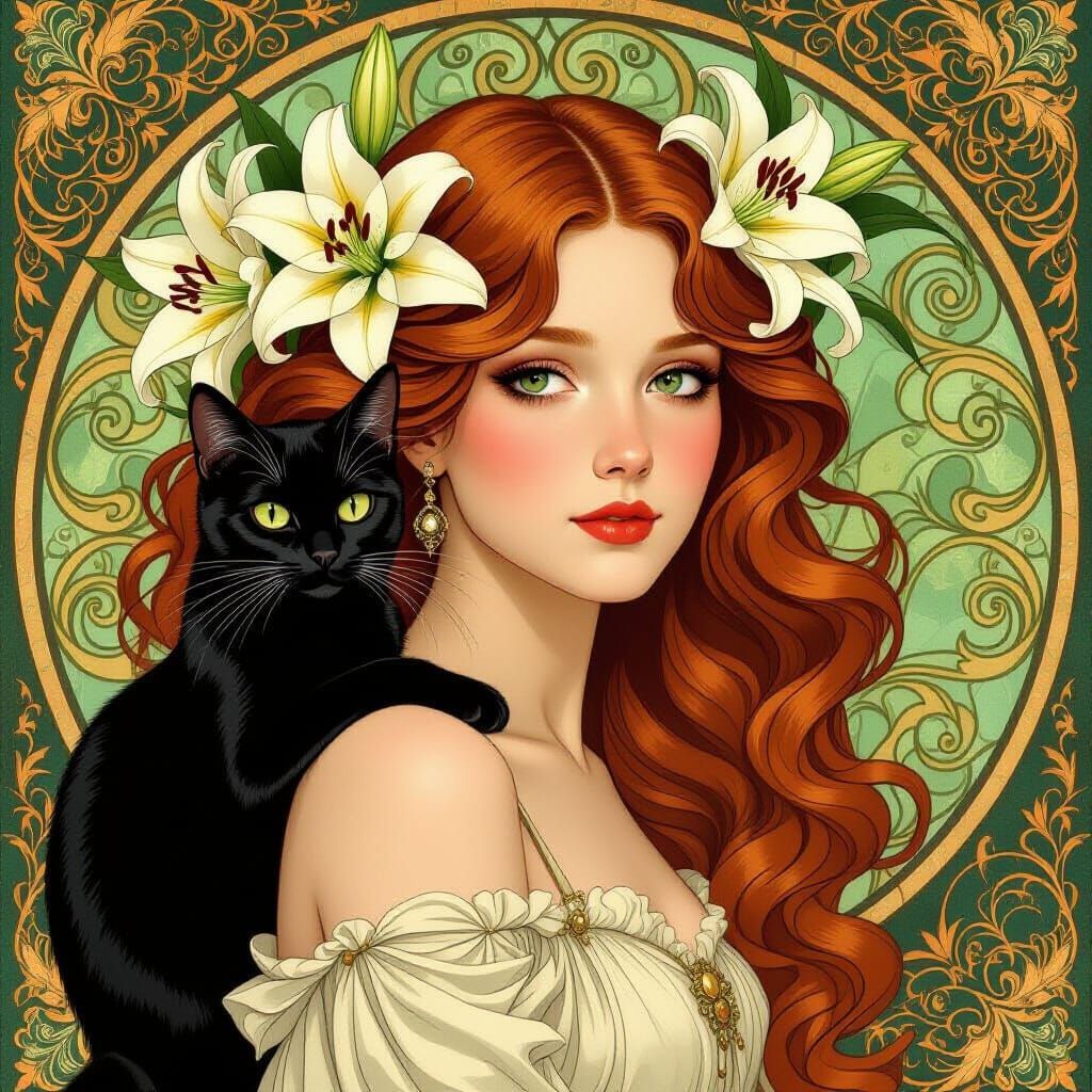Jugendstil Portrait of Woman with Cat and Lilies
