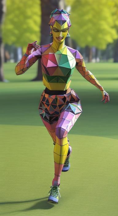 Vibrant Polygonal Girl Jogging in Spring Park