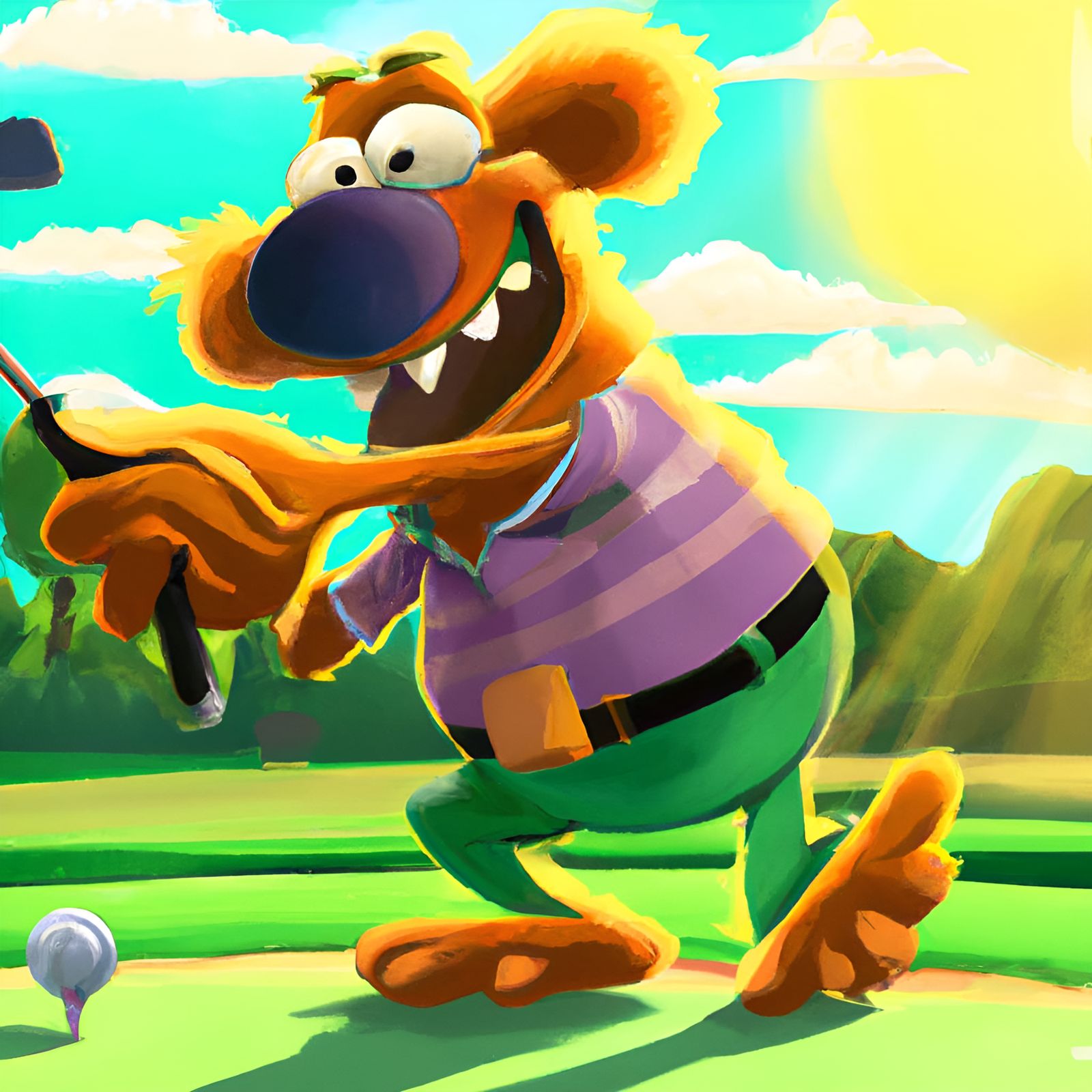 Muppet Rolf Golfing: Pixar-Style Digital Illustration