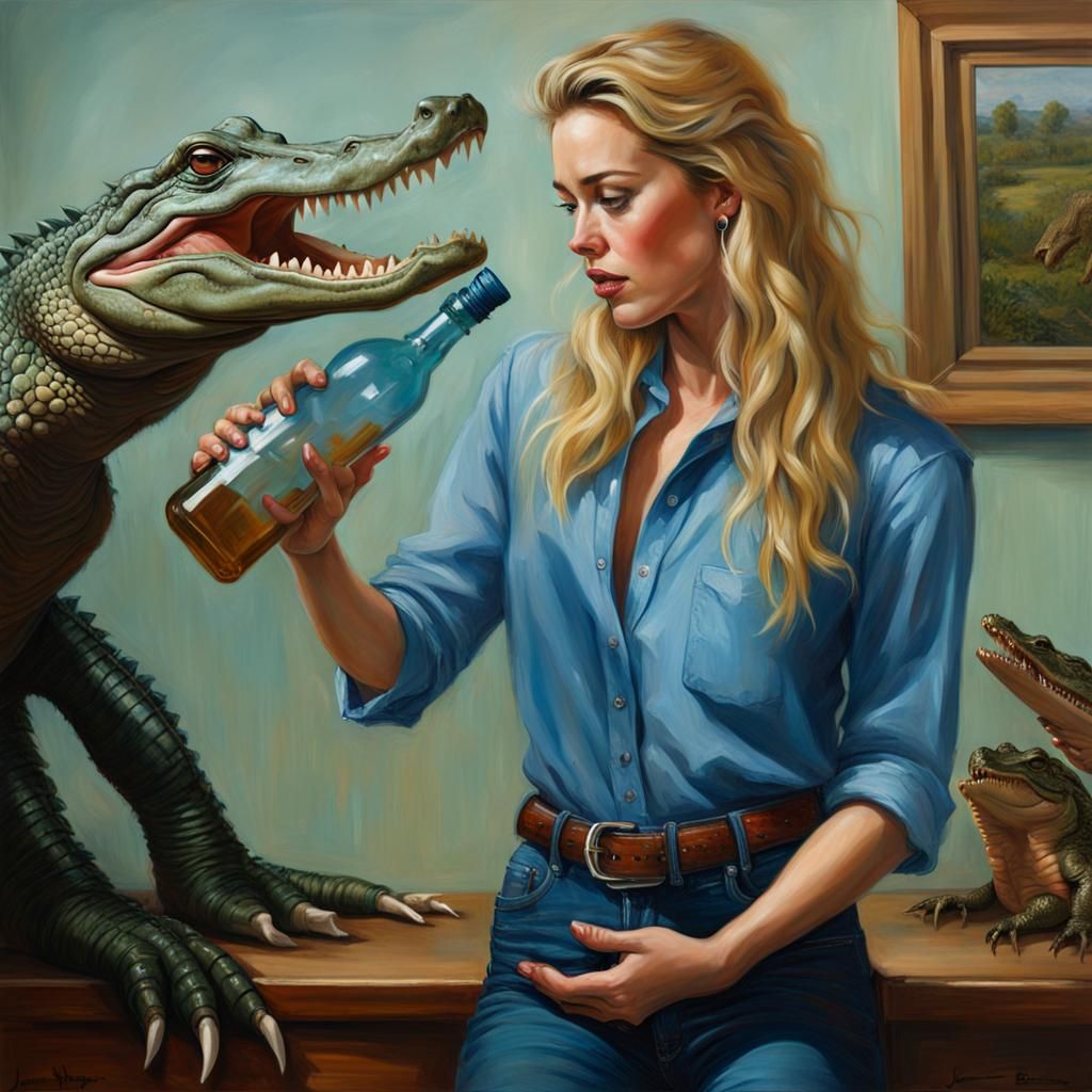 Woman Feeds Crocodile in Nursery, Oil Painting