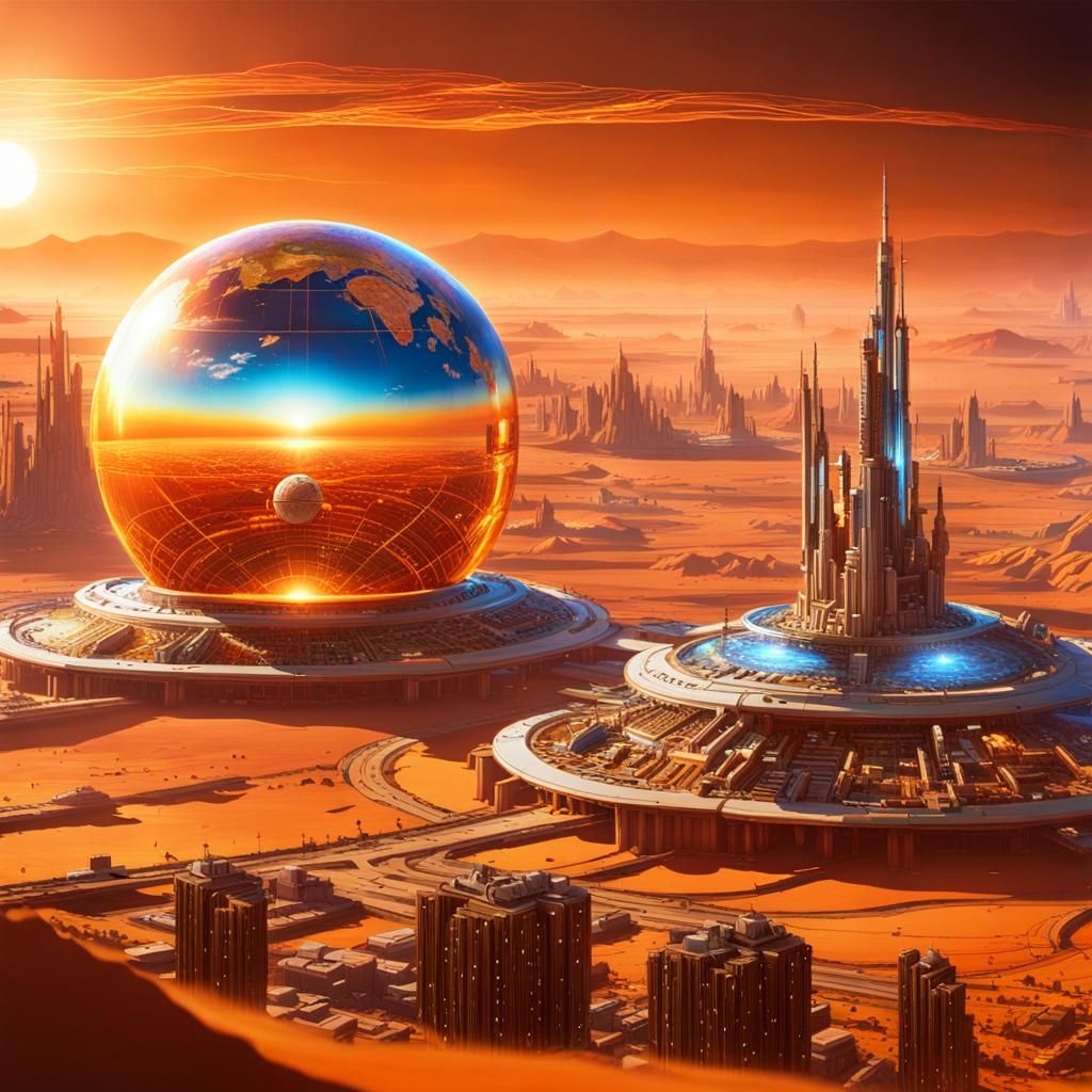 Holographic Earth Over Mars in Sci-Fi Cityscape