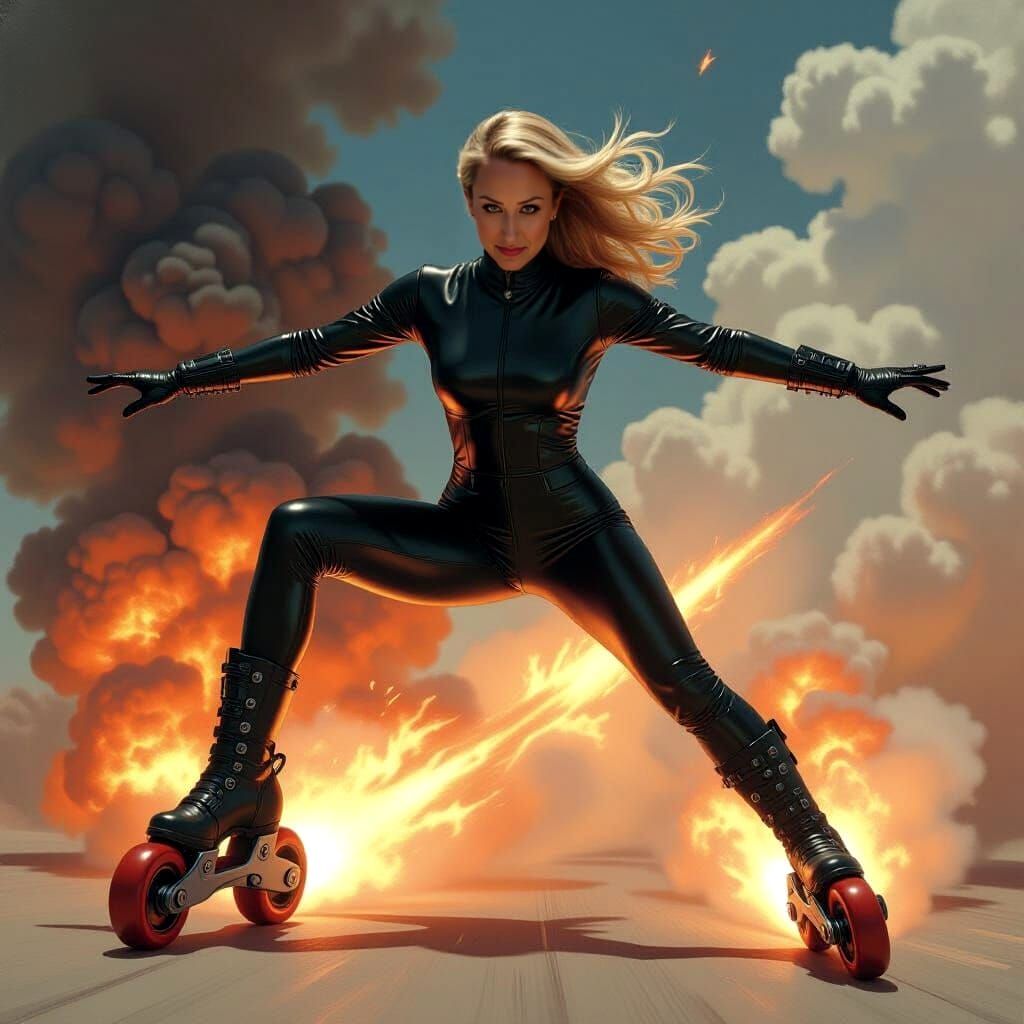 Woman on Rocket Rollerblades in Oil Painting Style