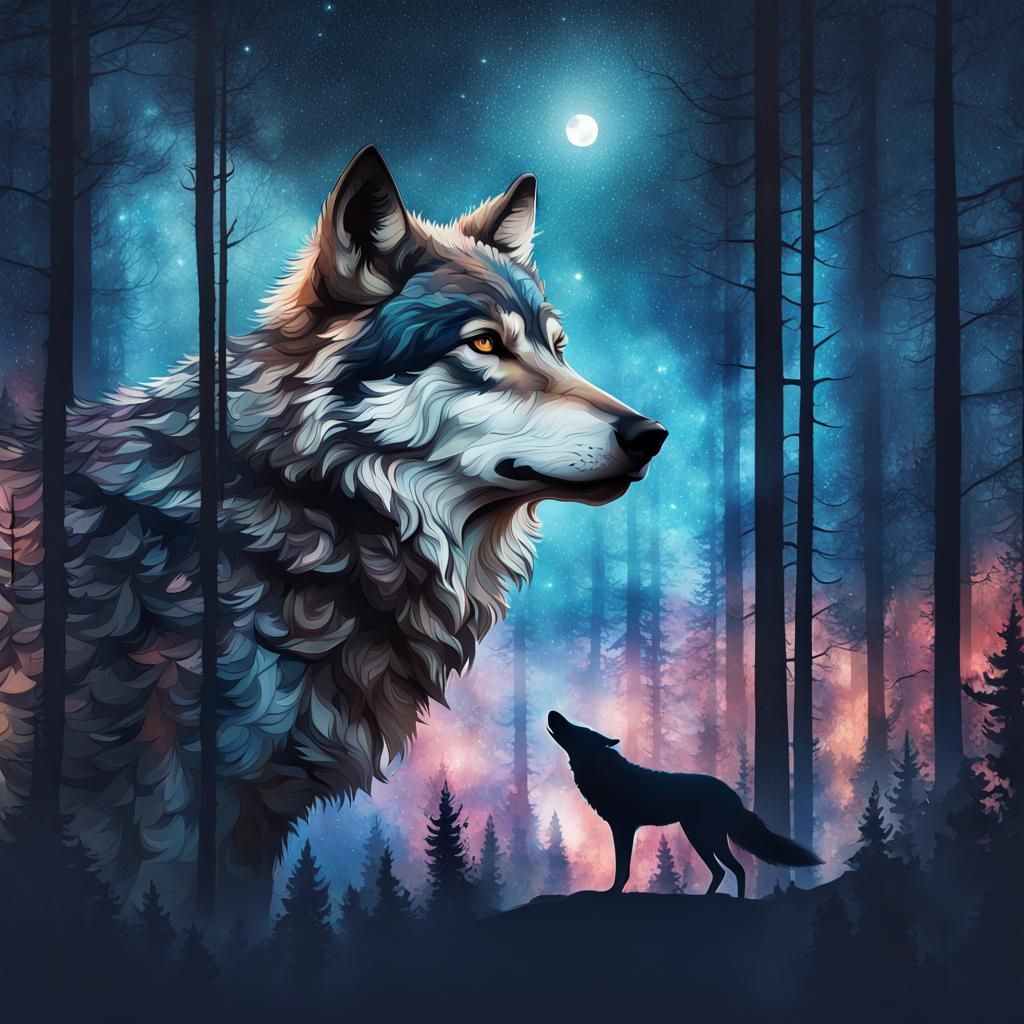 Wolf Forest Galaxy Double Exposure in 8K