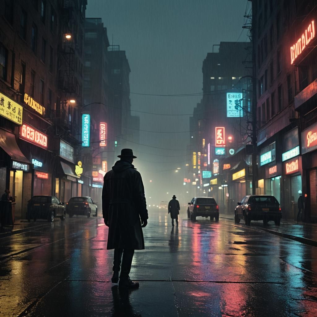 Gritty Film Noir Metropolis Scene in the Rain