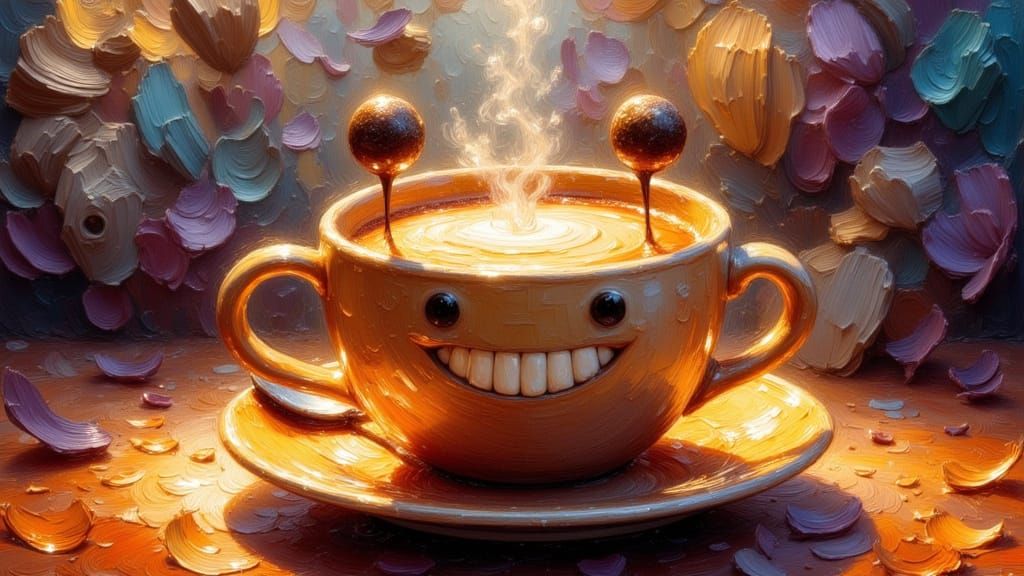 Cheerful Anthropomorphic Coffee Cup in Expressionist Oil Sty...