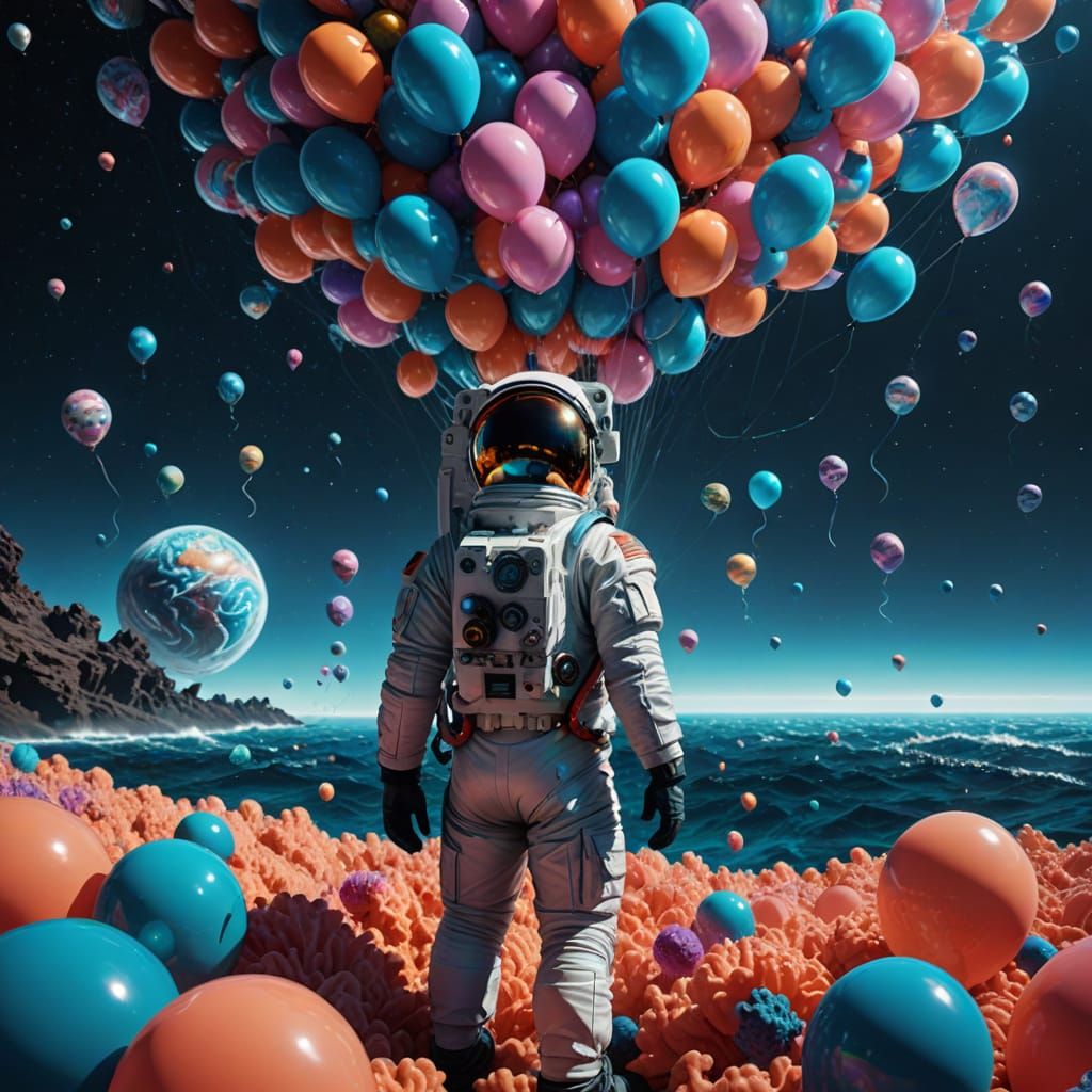 Astronaut on Balloon Planet Gazing at Nebula
