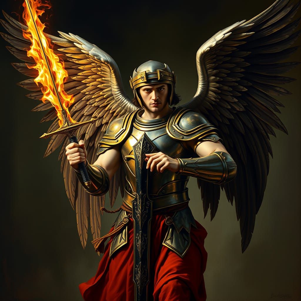 Majestic Angel Descends in Renaissance Armor with Iridescent...