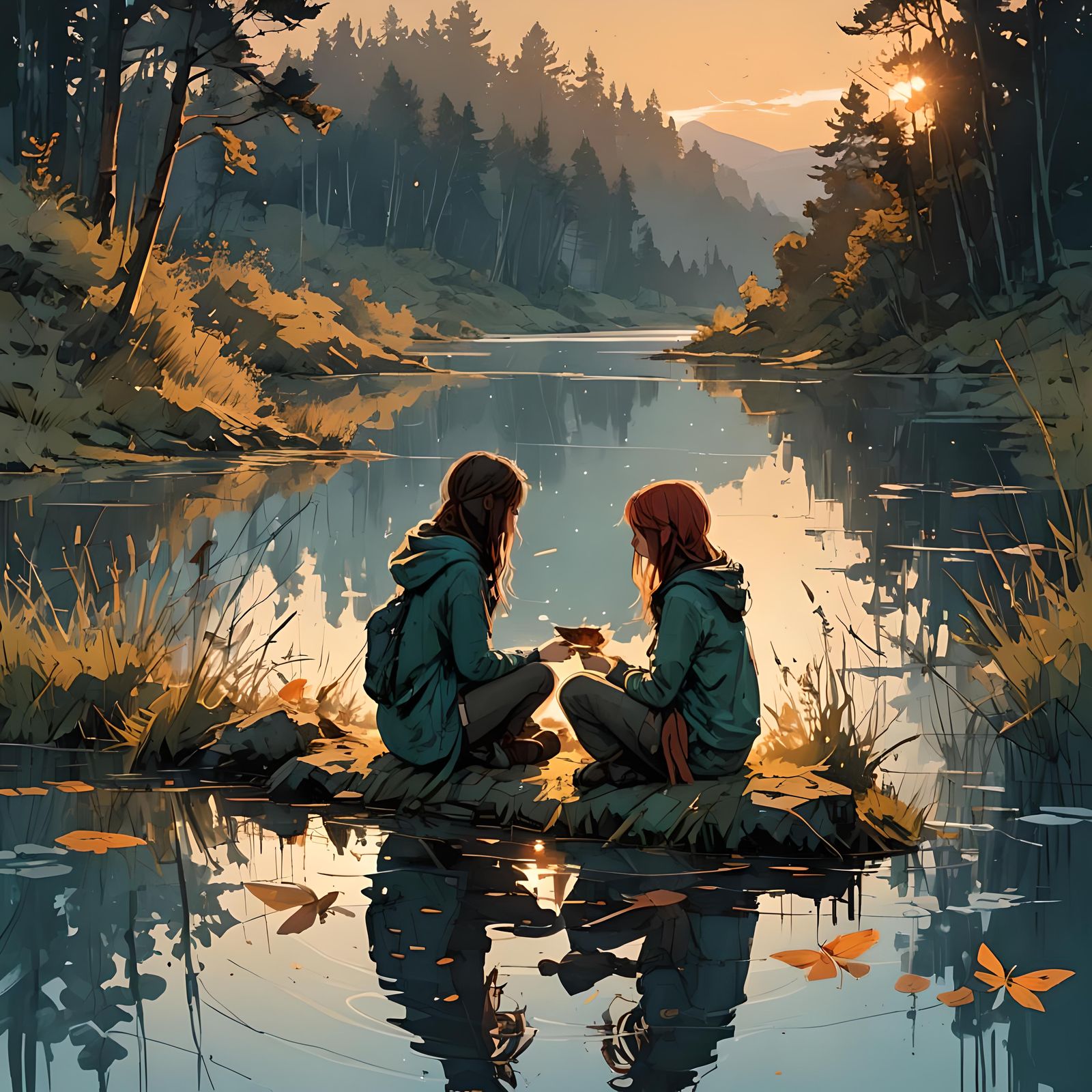 Girls Reunited at Sunset: Watercolor Splash Art