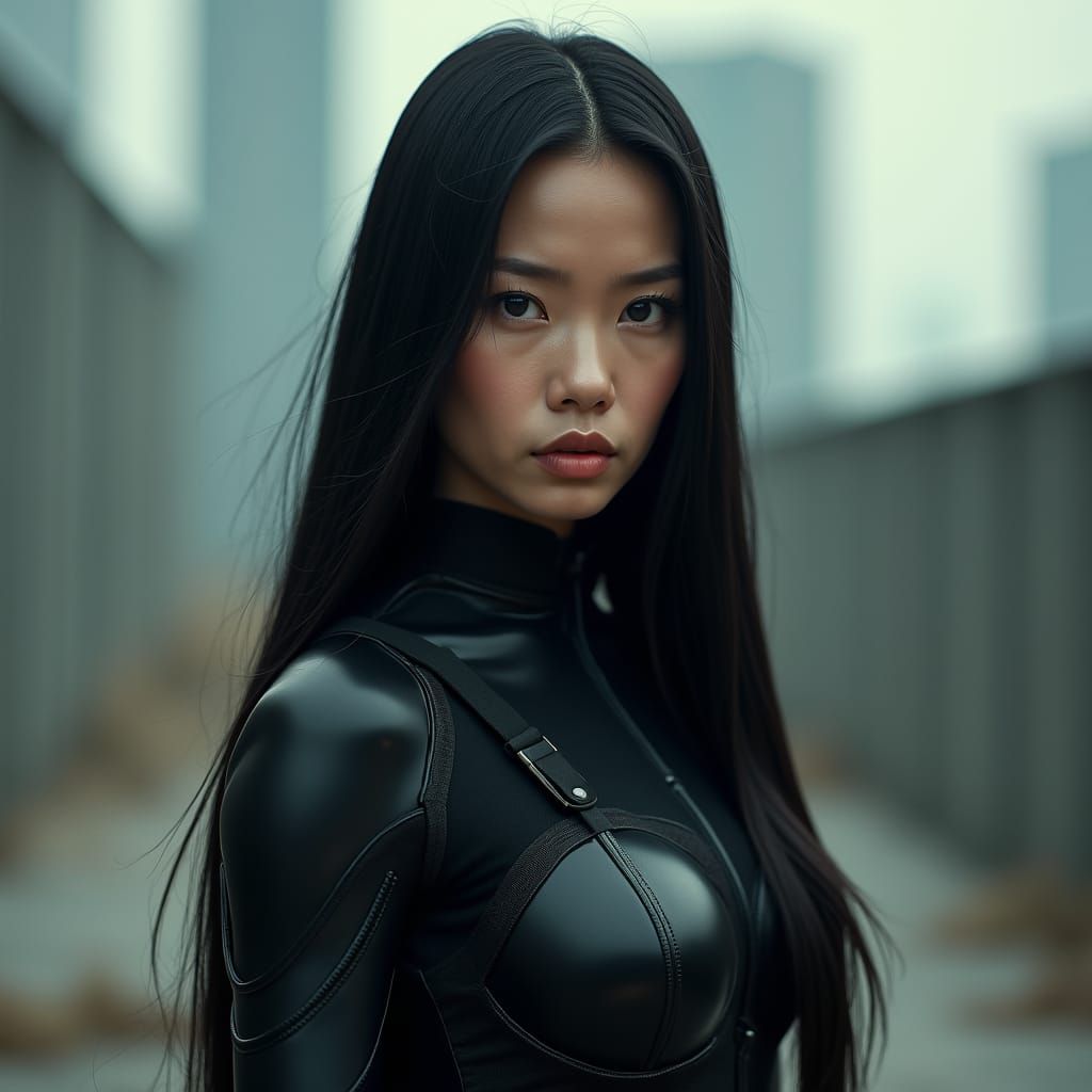 Futuristic Asian Warrior in Dystopian Cityscape