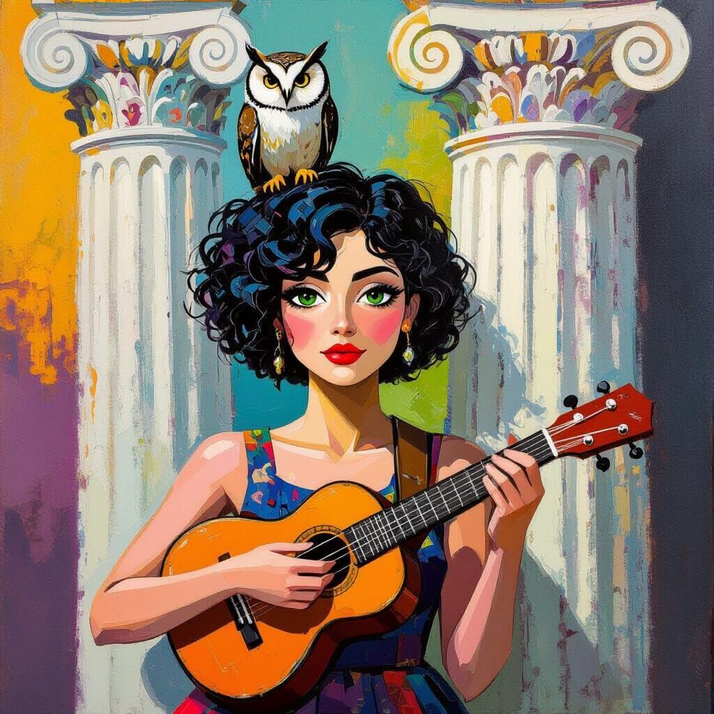 Young Woman with Green Eyes and Ukulele, Cobra Art Style