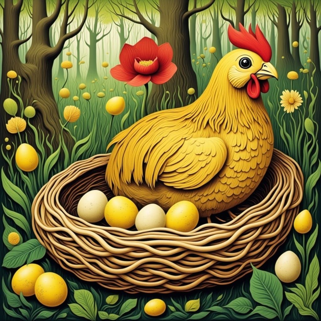 Cozy Hen with Eggs in Whimsical Woodcut Style